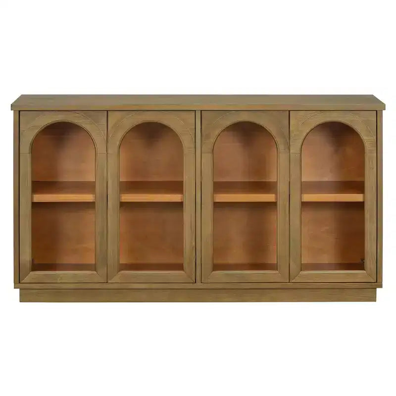 Hostack 4-Door Sideboard Cabinet with Glass Doors, Large Storage Sideboard with Adjustable Shelves for Kitchen and Dining Room, Old Pine