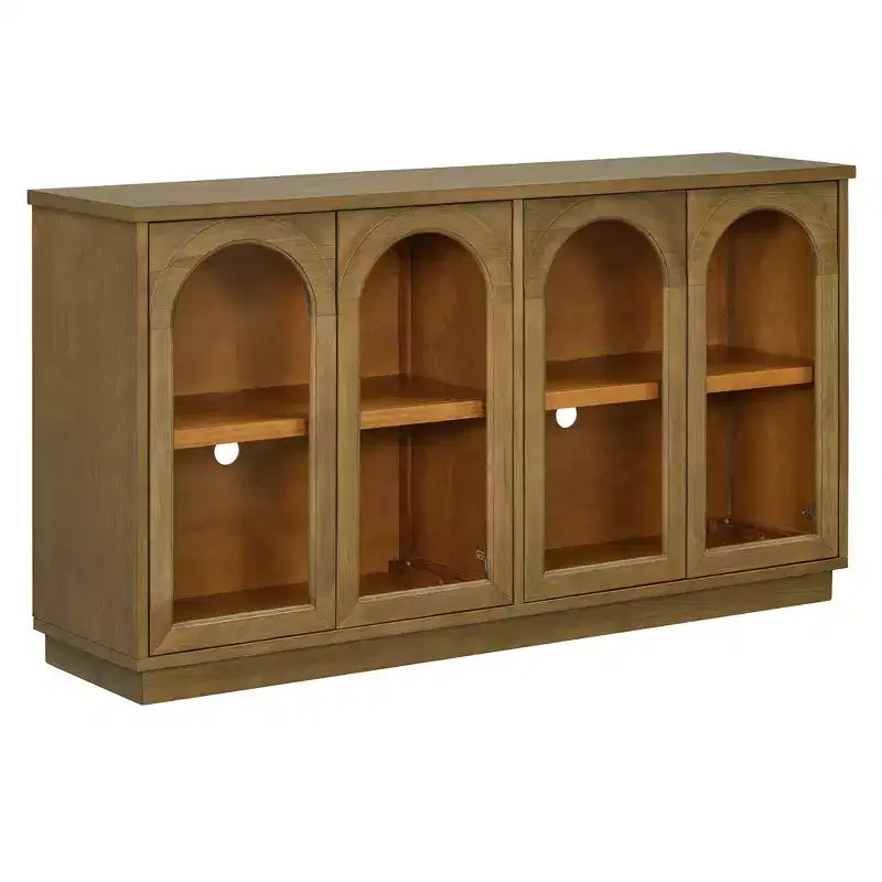 Hostack 4-Door Sideboard Cabinet with Glass Doors, Large Storage Sideboard with Adjustable Shelves for Kitchen and Dining Room, Old Pine