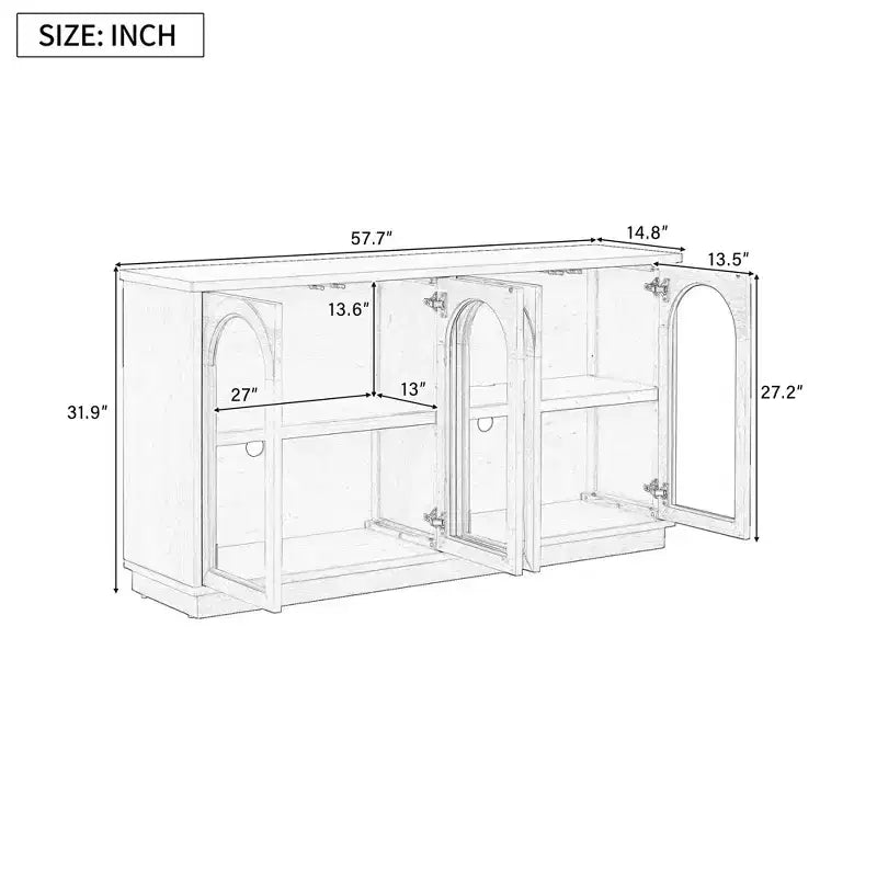 Hostack 4-Door Sideboard Cabinet with Glass Doors, Large Storage Sideboard with Adjustable Shelves for Kitchen and Dining Room, Old Pine