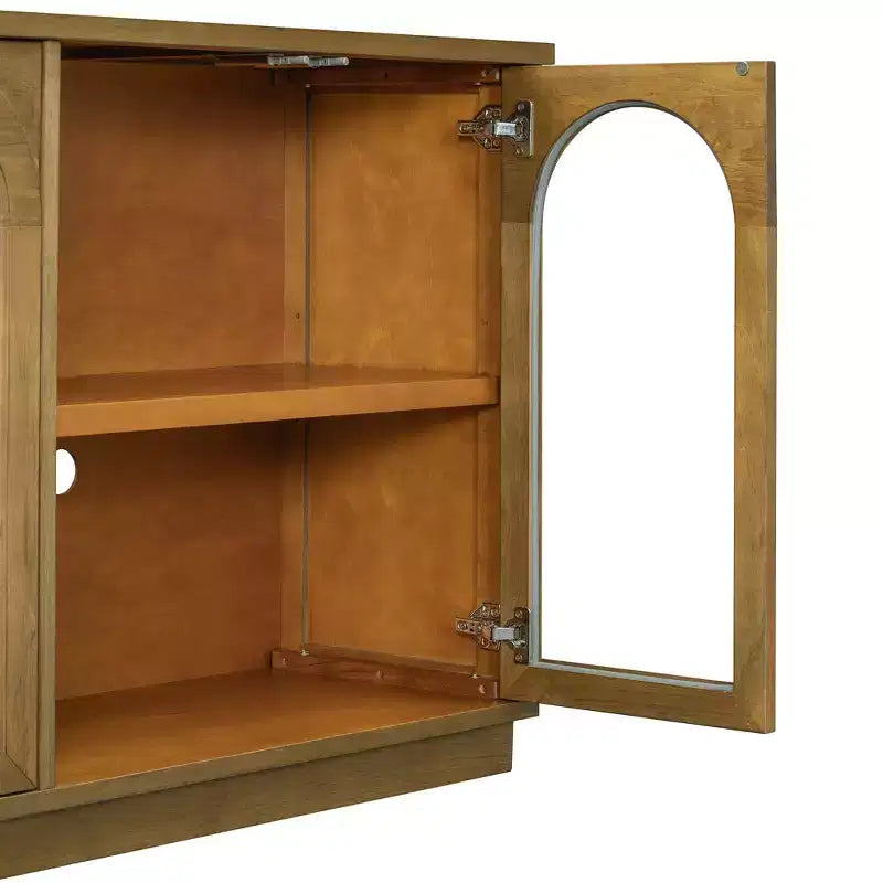 Hostack 4-Door Sideboard Cabinet with Glass Doors, Large Storage Sideboard with Adjustable Shelves for Kitchen and Dining Room, Old Pine