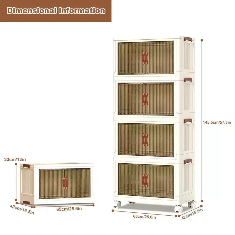 GustoWave 4 Tier Stackable Plastic Storage Bins, 4 Foldable Storage Bins with Wheels Closet Organizers and Storage Double Door for Home Bedroom