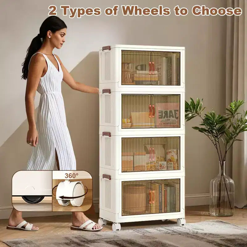 GustoWave 4 Tier Stackable Plastic Storage Bins, 4 Foldable Storage Bins with Wheels Closet Organizers and Storage Double Door for Home Bedroom