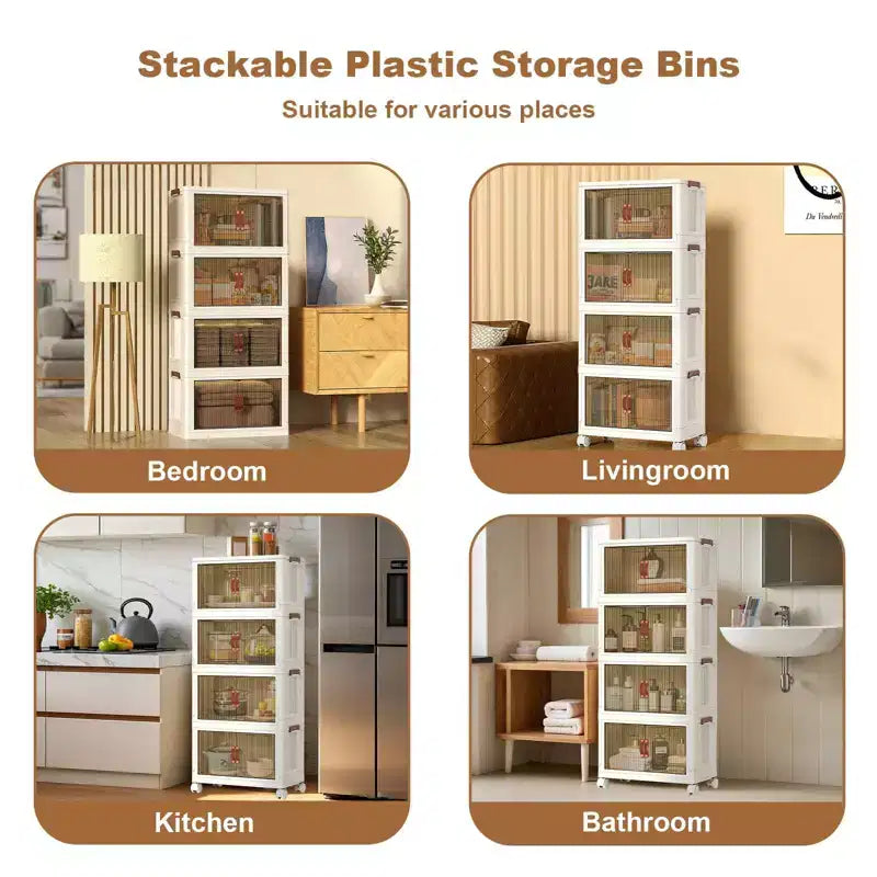 GustoWave 4 Tier Stackable Plastic Storage Bins, 4 Foldable Storage Bins with Wheels Closet Organizers and Storage Double Door for Home Bedroom