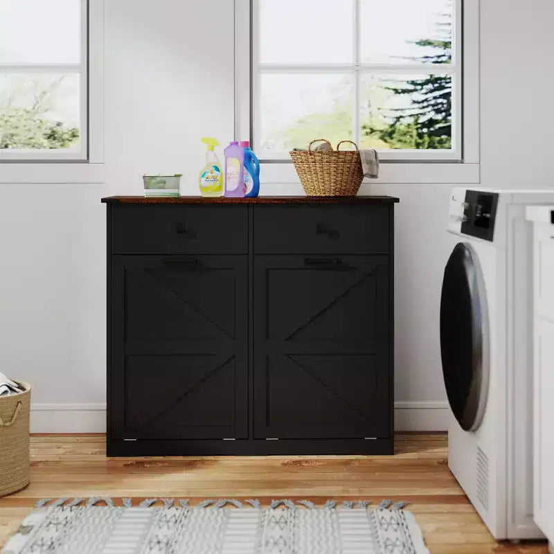 Okak Farmhouse Double Storage Cabinet with 4 Drawers, Free Standing Cabinet, Barn Door Style Laundry Sorter Cabinet for Kitchen