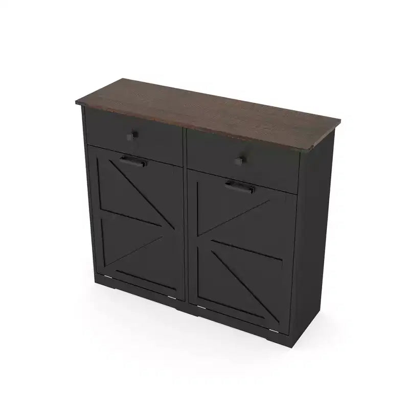 Okak Farmhouse Double Storage Cabinet with 4 Drawers, Free Standing Cabinet, Barn Door Style Laundry Sorter Cabinet for Kitchen