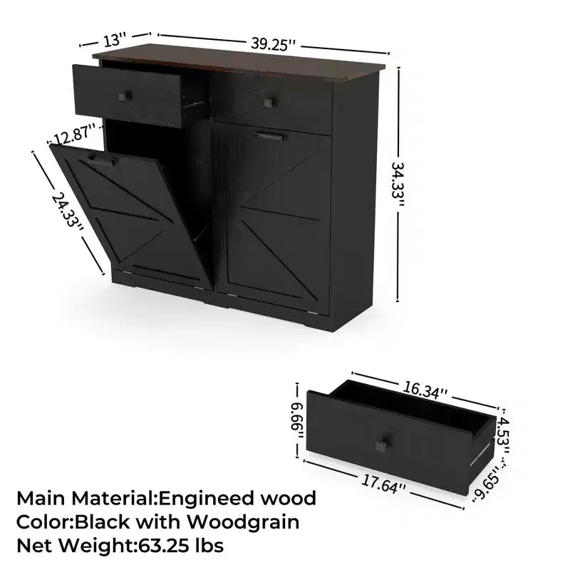 Okak Farmhouse Double Storage Cabinet with 4 Drawers, Free Standing Cabinet, Barn Door Style Laundry Sorter Cabinet for Kitchen