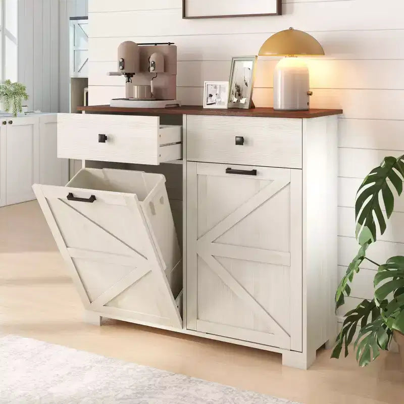 Okak Farmhouse Double Storage Cabinet with 4 Drawers, Free Standing Cabinet, Barn Door Style Laundry Sorter Cabinet for Kitchen