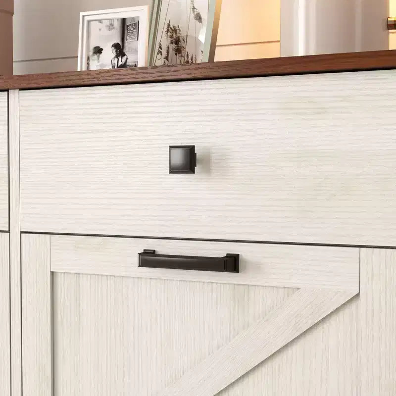 Okak Farmhouse Double Storage Cabinet with 4 Drawers, Free Standing Cabinet, Barn Door Style Laundry Sorter Cabinet for Kitchen