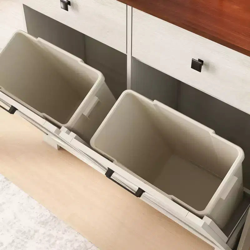 Okak Farmhouse Double Storage Cabinet with 4 Drawers, Free Standing Cabinet, Barn Door Style Laundry Sorter Cabinet for Kitchen