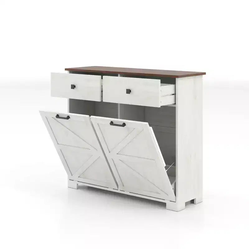 Okak Farmhouse Double Storage Cabinet with 4 Drawers, Free Standing Cabinet, Barn Door Style Laundry Sorter Cabinet for Kitchen