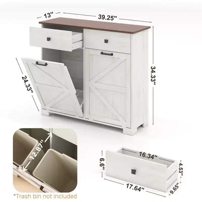 Okak Farmhouse Double Storage Cabinet with 4 Drawers, Free Standing Cabinet, Barn Door Style Laundry Sorter Cabinet for Kitchen
