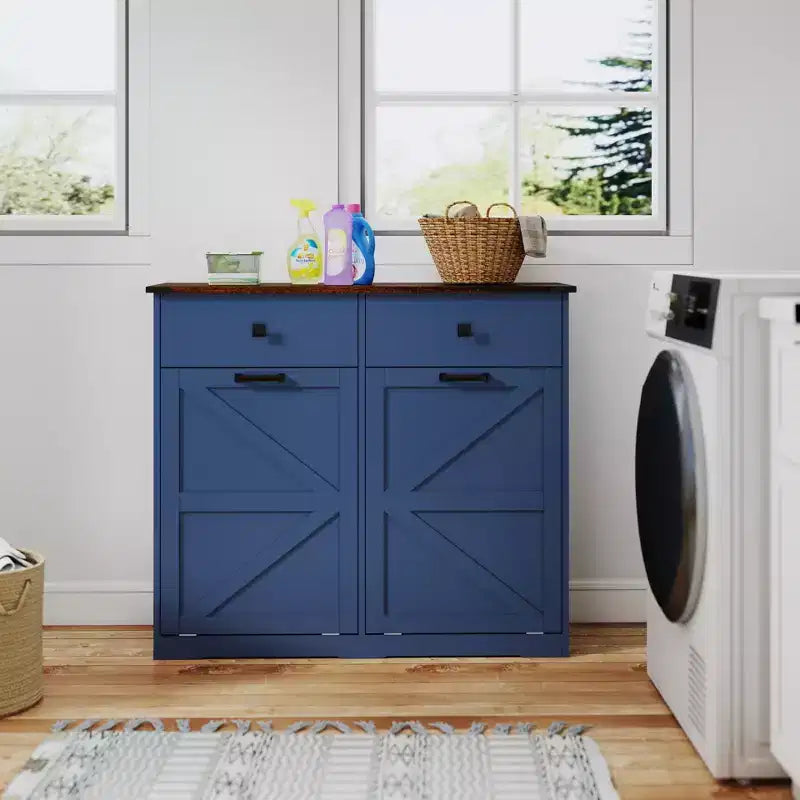 Okak Farmhouse Double Storage Cabinet with 4 Drawers, Free Standing Cabinet, Barn Door Style Laundry Sorter Cabinet for Kitchen
