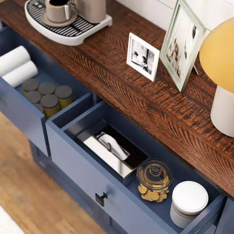 Okak Farmhouse Double Storage Cabinet with 4 Drawers, Free Standing Cabinet, Barn Door Style Laundry Sorter Cabinet for Kitchen