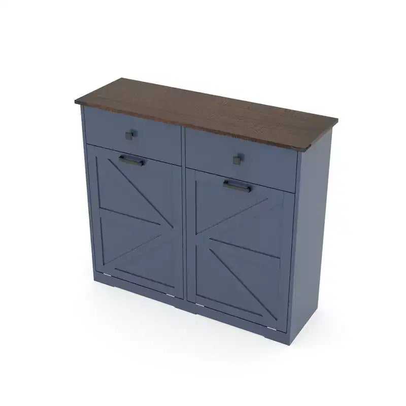 Okak Farmhouse Double Storage Cabinet with 4 Drawers, Free Standing Cabinet, Barn Door Style Laundry Sorter Cabinet for Kitchen