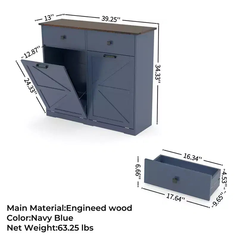 Okak Farmhouse Double Storage Cabinet with 4 Drawers, Free Standing Cabinet, Barn Door Style Laundry Sorter Cabinet for Kitchen