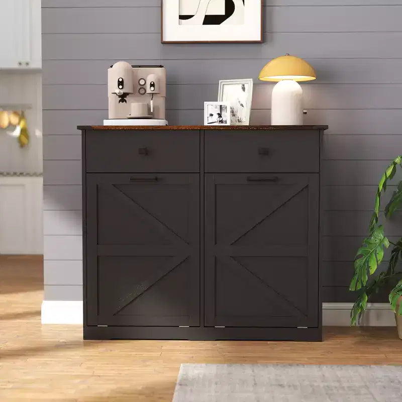 Okak Farmhouse Double Storage Cabinet with 4 Drawers, Free Standing Cabinet, Barn Door Style Laundry Sorter Cabinet for Kitchen