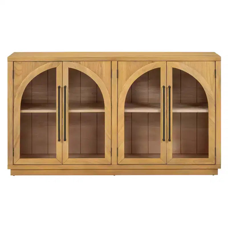 Luxystar 4-Door Sideboard Buffet Cabinet with Large Storage, Glass Doors and Adjustable Shelves for Dining and Living Room, Natural Wood