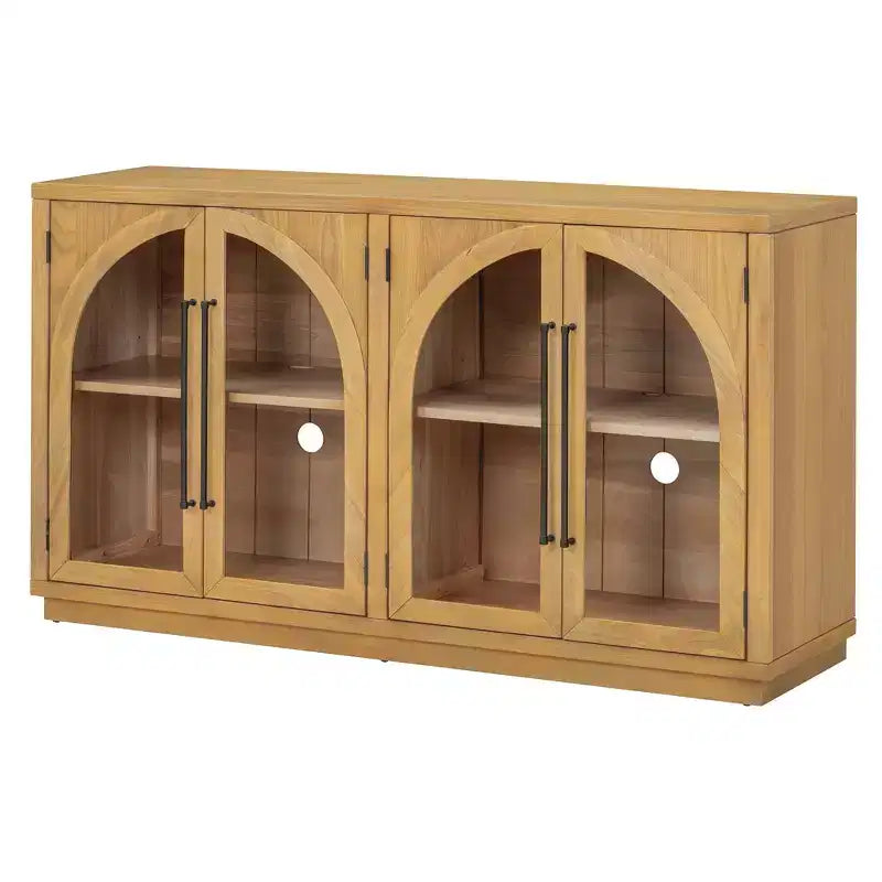 Luxystar 4-Door Sideboard Buffet Cabinet with Large Storage, Glass Doors and Adjustable Shelves for Dining and Living Room, Natural Wood