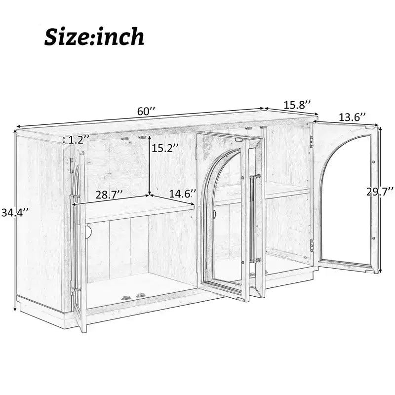 Luxystar 4-Door Sideboard Buffet Cabinet with Large Storage, Glass Doors and Adjustable Shelves for Dining and Living Room, Natural Wood