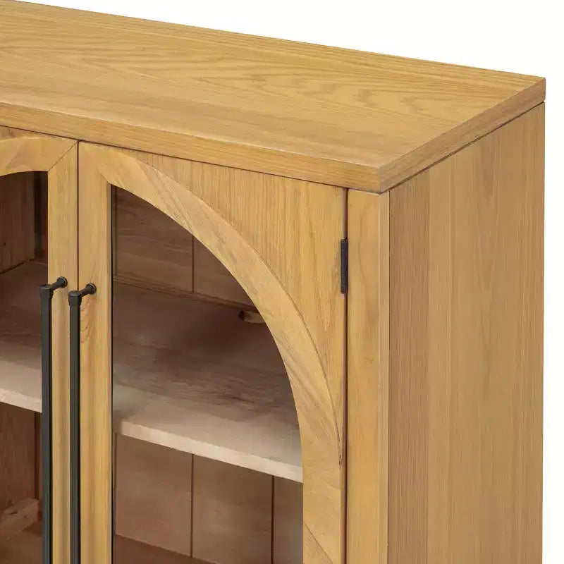 Luxystar 4-Door Sideboard Buffet Cabinet with Large Storage, Glass Doors and Adjustable Shelves for Dining and Living Room, Natural Wood