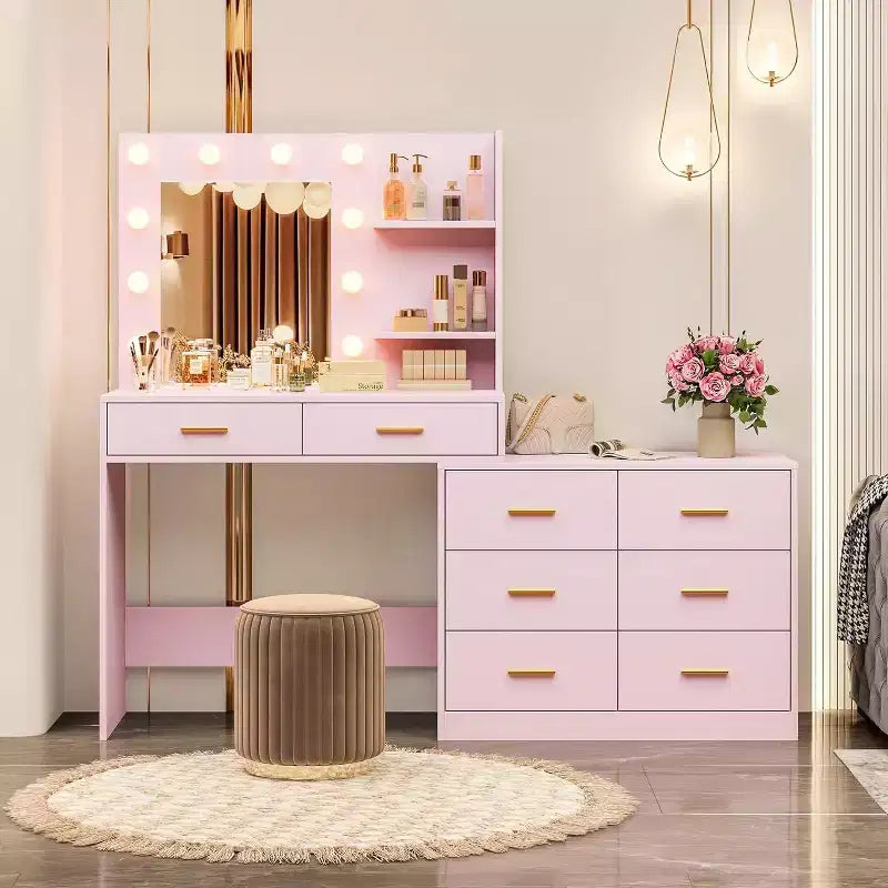 Acekool 61 Makeup Vanity Desk with Mirror, 8 Wide Drawers, 2-Tier Storage Shelves, Adjustable 3-Mode Mirror, Pink Vanity Table for Bedroom Dressing