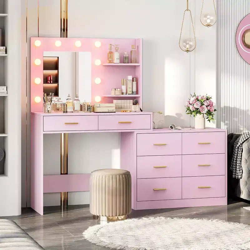 Acekool 61 Makeup Vanity Desk with Mirror, 8 Wide Drawers, 2-Tier Storage Shelves, Adjustable 3-Mode Mirror, Pink Vanity Table for Bedroom Dressing