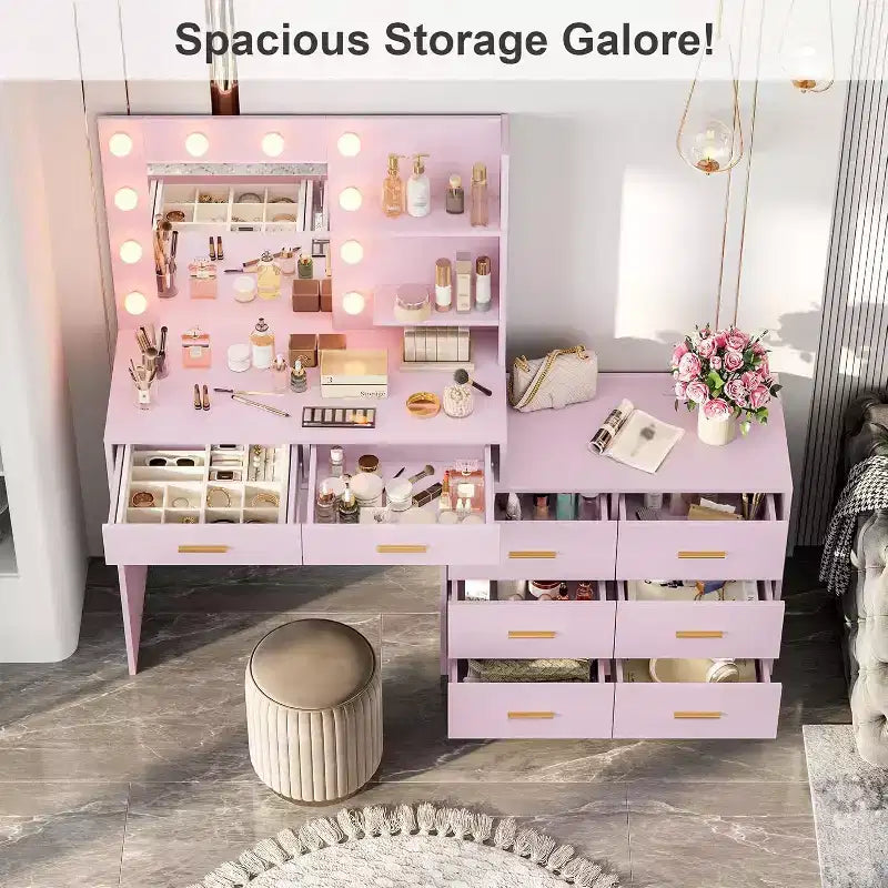 Acekool 61 Makeup Vanity Desk with Mirror, 8 Wide Drawers, 2-Tier Storage Shelves, Adjustable 3-Mode Mirror, Pink Vanity Table for Bedroom Dressing