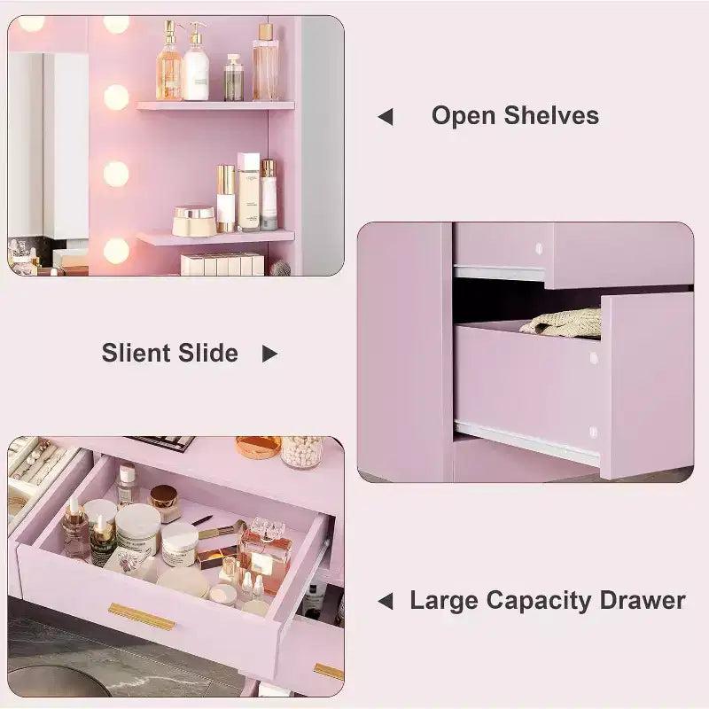 Acekool 61 Makeup Vanity Desk with Mirror, 8 Wide Drawers, 2-Tier Storage Shelves, Adjustable 3-Mode Mirror, Pink Vanity Table for Bedroom Dressing