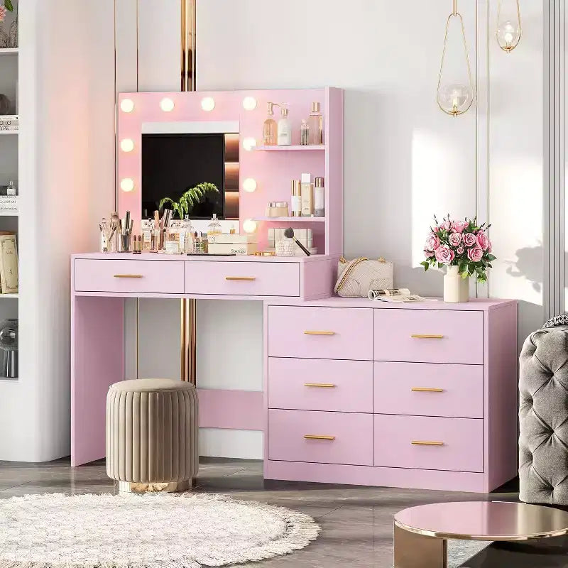 Acekool 61 Makeup Vanity Desk with Mirror, 8 Wide Drawers, 2-Tier Storage Shelves, Adjustable 3-Mode Mirror, Pink Vanity Table for Bedroom Dressing