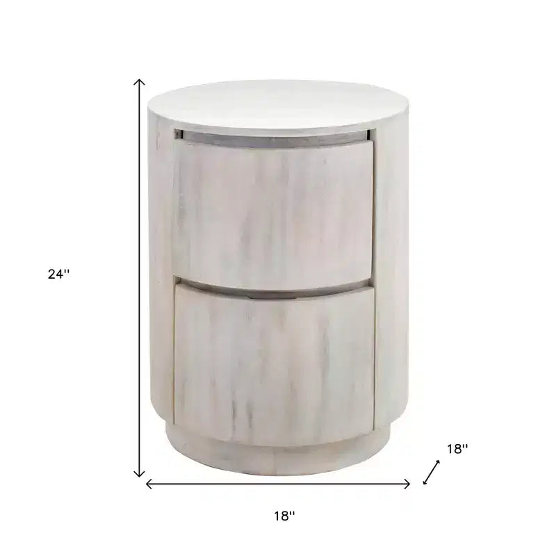 HomeRoots 24 White Solid Wood Round Drum End Table With Two Drawers