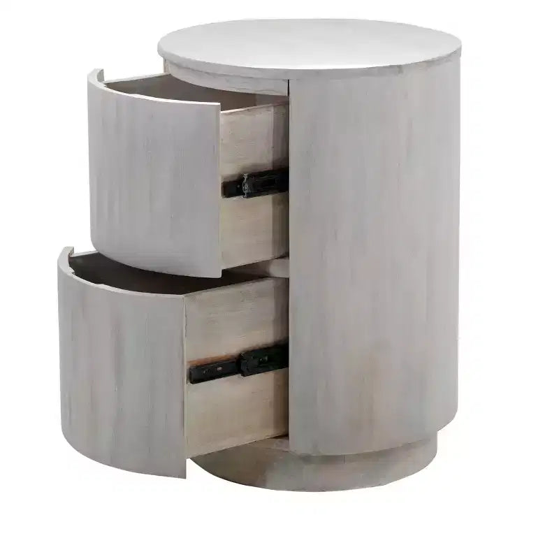 HomeRoots 24 White Solid Wood Round Drum End Table With Two Drawers