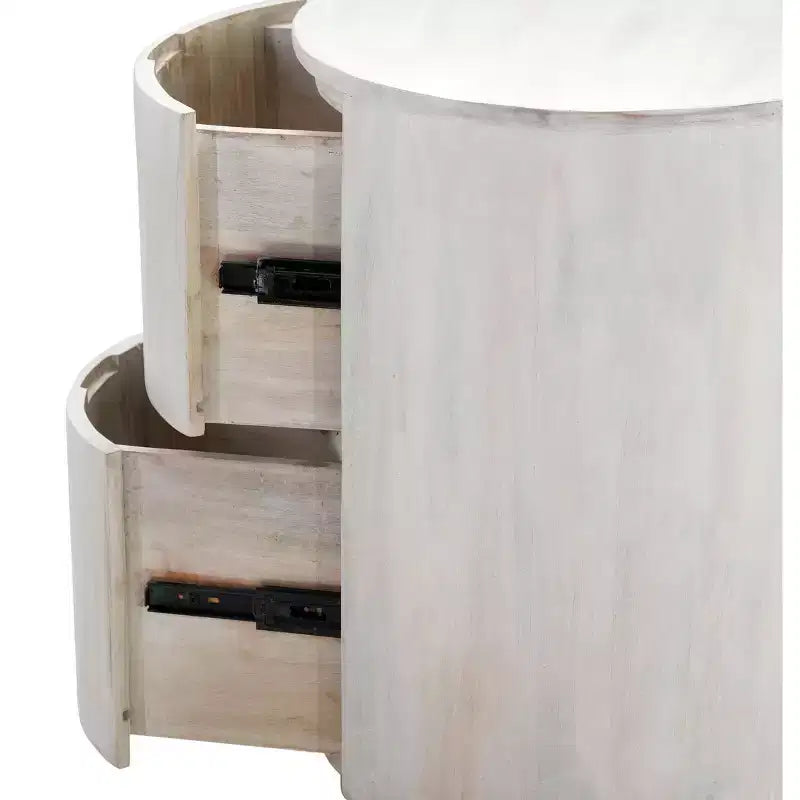 HomeRoots 24 White Solid Wood Round Drum End Table With Two Drawers