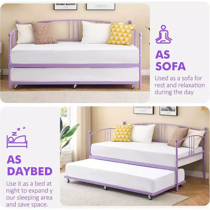 Acekool Metal Daybed with Trundle, Arched Headboard, Sofa Bed Frame for Living Room and Guest Room, Twin Size