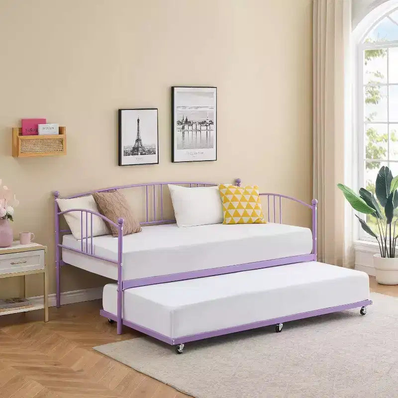 Acekool Metal Daybed with Trundle, Arched Headboard, Sofa Bed Frame for Living Room and Guest Room, Twin Size