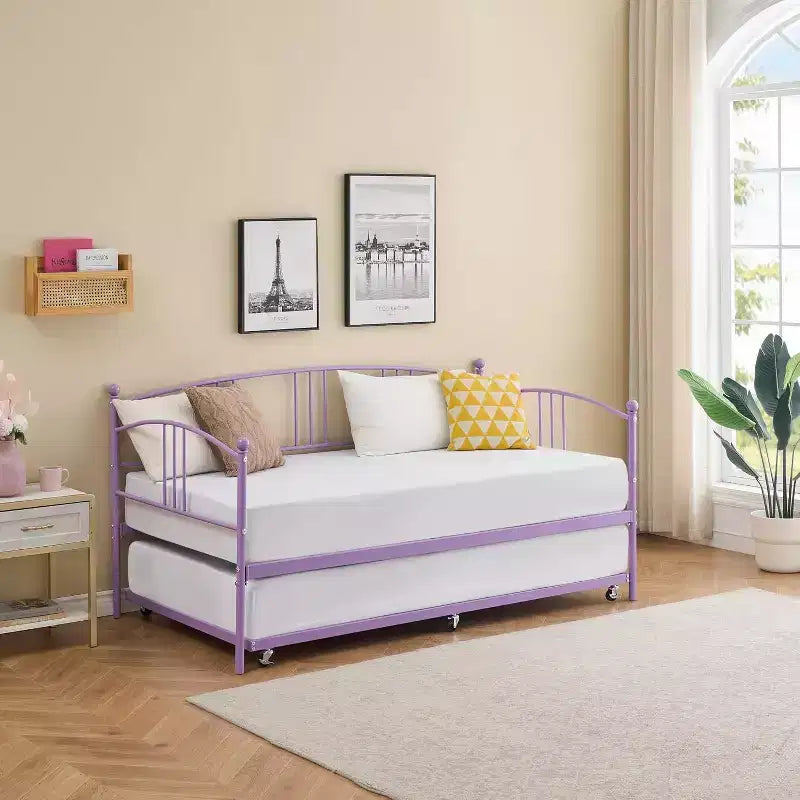 Acekool Metal Daybed with Trundle, Arched Headboard, Sofa Bed Frame for Living Room and Guest Room, Twin Size