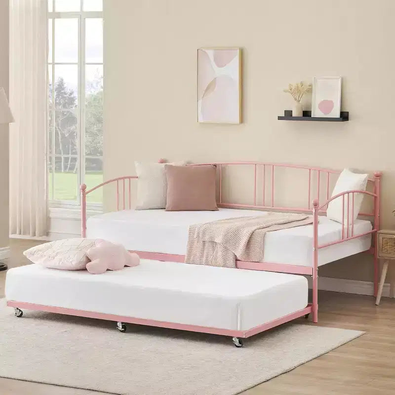 Acekool Metal Daybed with Trundle, Arched Headboard, Sofa Bed Frame for Living Room and Guest Room, Twin Size