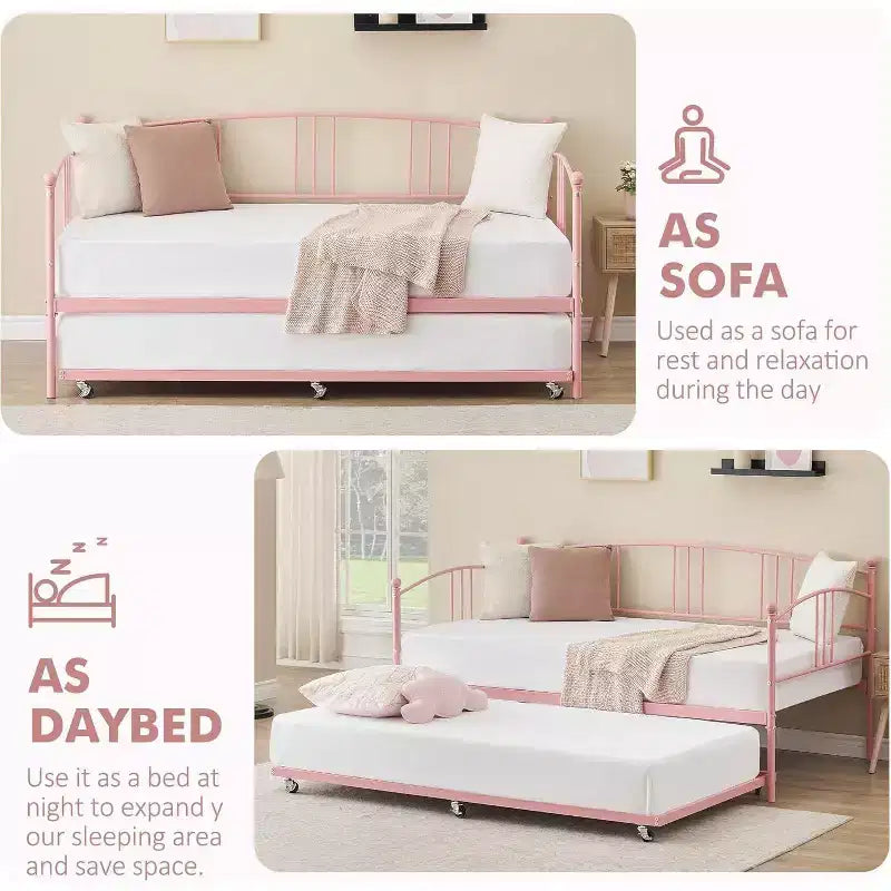 Acekool Metal Daybed with Trundle, Arched Headboard, Sofa Bed Frame for Living Room and Guest Room, Twin Size