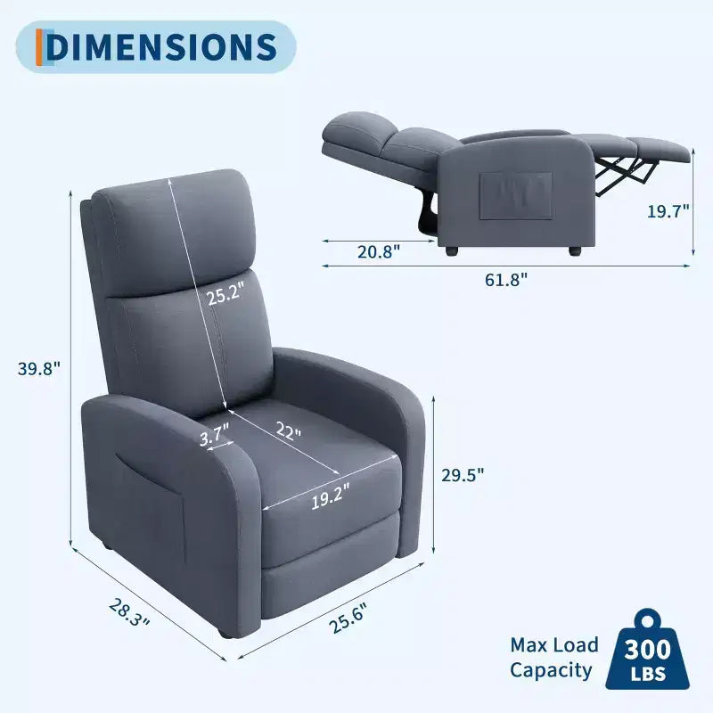 Comfortable Adult Recliner Chair  Manual Adjustable with Tall Back, Wide Arms & Side Pocket for Living Room Home Theater