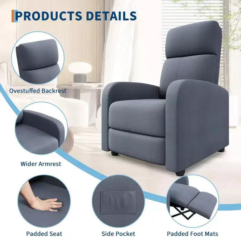 Comfortable Adult Recliner Chair  Manual Adjustable with Tall Back, Wide Arms & Side Pocket for Living Room Home Theater