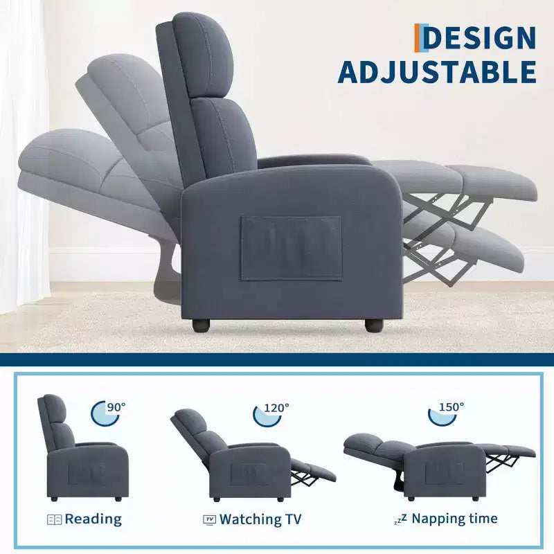 Comfortable Adult Recliner Chair  Manual Adjustable with Tall Back, Wide Arms & Side Pocket for Living Room Home Theater