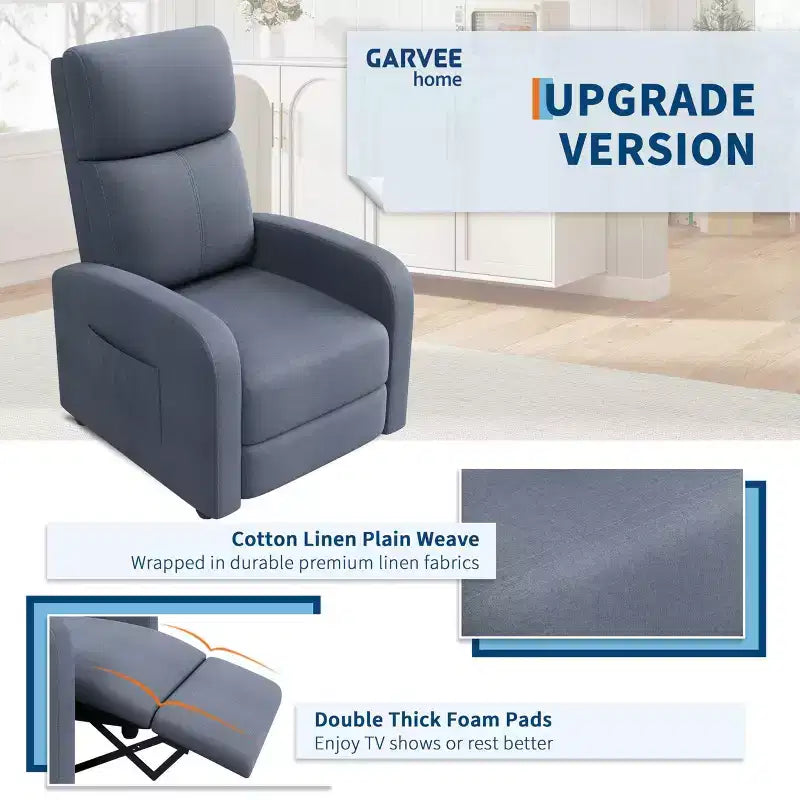 Comfortable Adult Recliner Chair  Manual Adjustable with Tall Back, Wide Arms & Side Pocket for Living Room Home Theater