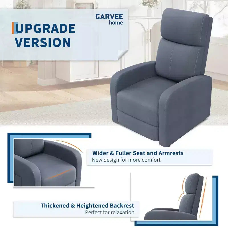 Comfortable Adult Recliner Chair  Manual Adjustable with Tall Back, Wide Arms & Side Pocket for Living Room Home Theater