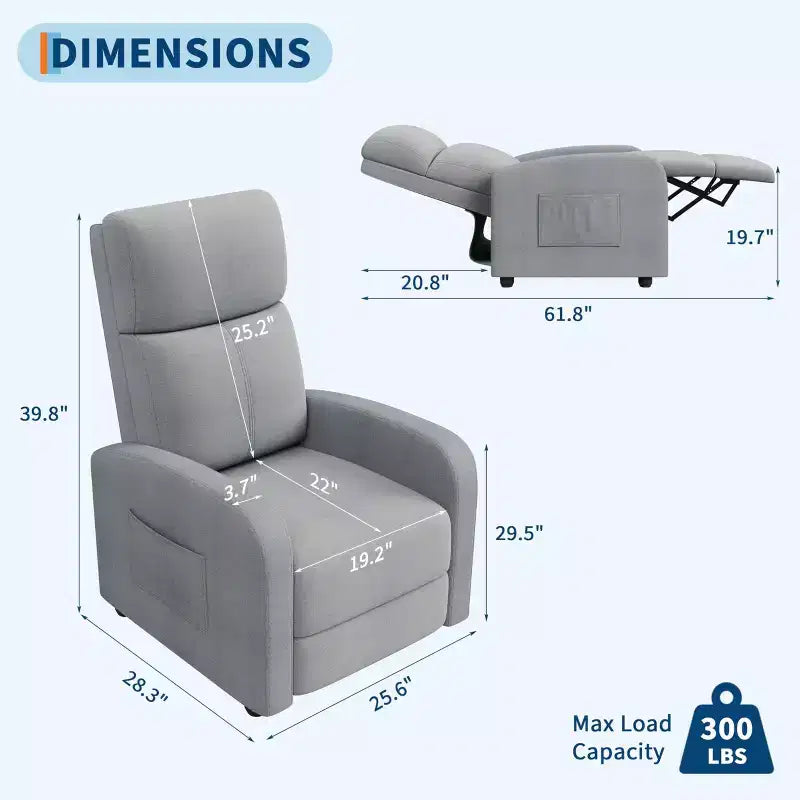 Comfortable Adult Recliner Chair  Manual Adjustable with Tall Back, Wide Arms & Side Pocket for Living Room Home Theater
