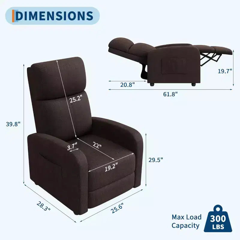 Comfortable Adult Recliner Chair  Manual Adjustable with Tall Back, Wide Arms & Side Pocket for Living Room Home Theater
