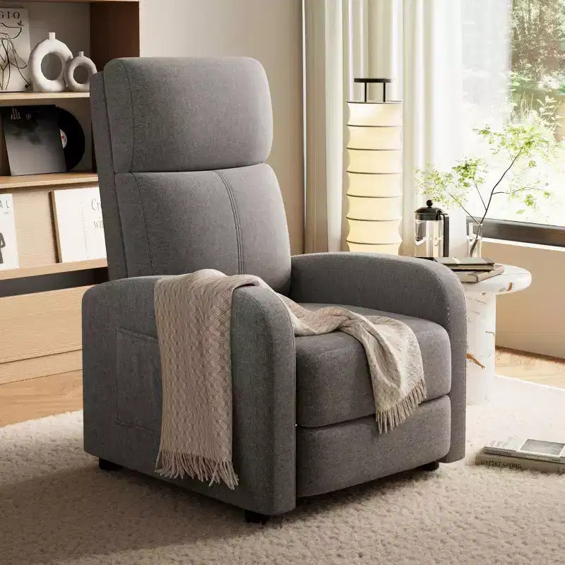Comfortable Adult Recliner Chair  Manual Adjustable with Tall Back, Wide Arms & Side Pocket for Living Room Home Theater