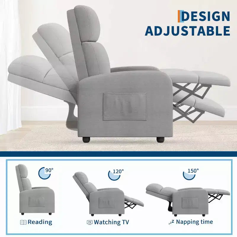 Comfortable Adult Recliner Chair  Manual Adjustable with Tall Back, Wide Arms & Side Pocket for Living Room Home Theater