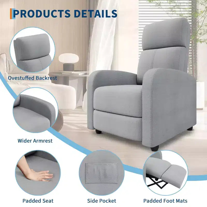 Comfortable Adult Recliner Chair  Manual Adjustable with Tall Back, Wide Arms & Side Pocket for Living Room Home Theater