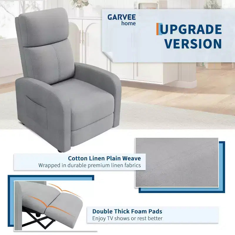 Comfortable Adult Recliner Chair  Manual Adjustable with Tall Back, Wide Arms & Side Pocket for Living Room Home Theater