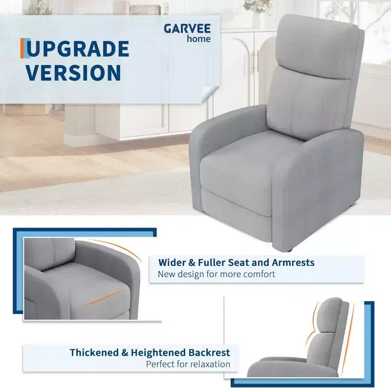 Comfortable Adult Recliner Chair  Manual Adjustable with Tall Back, Wide Arms & Side Pocket for Living Room Home Theater