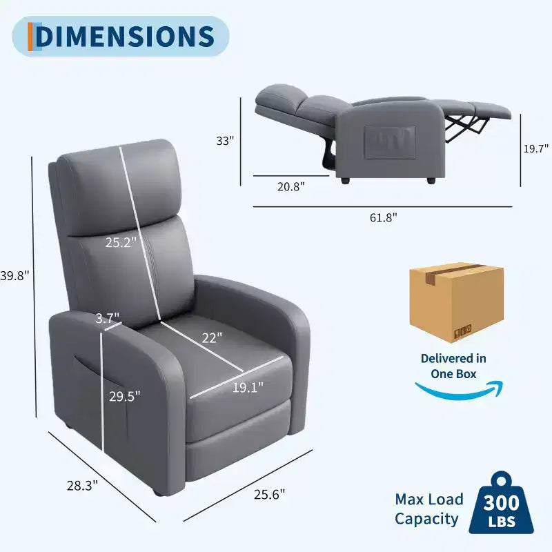 Comfortable Adult Recliner Chair  Manual Adjustable with Tall Back, Wide Arms & Side Pocket for Living Room Home Theater